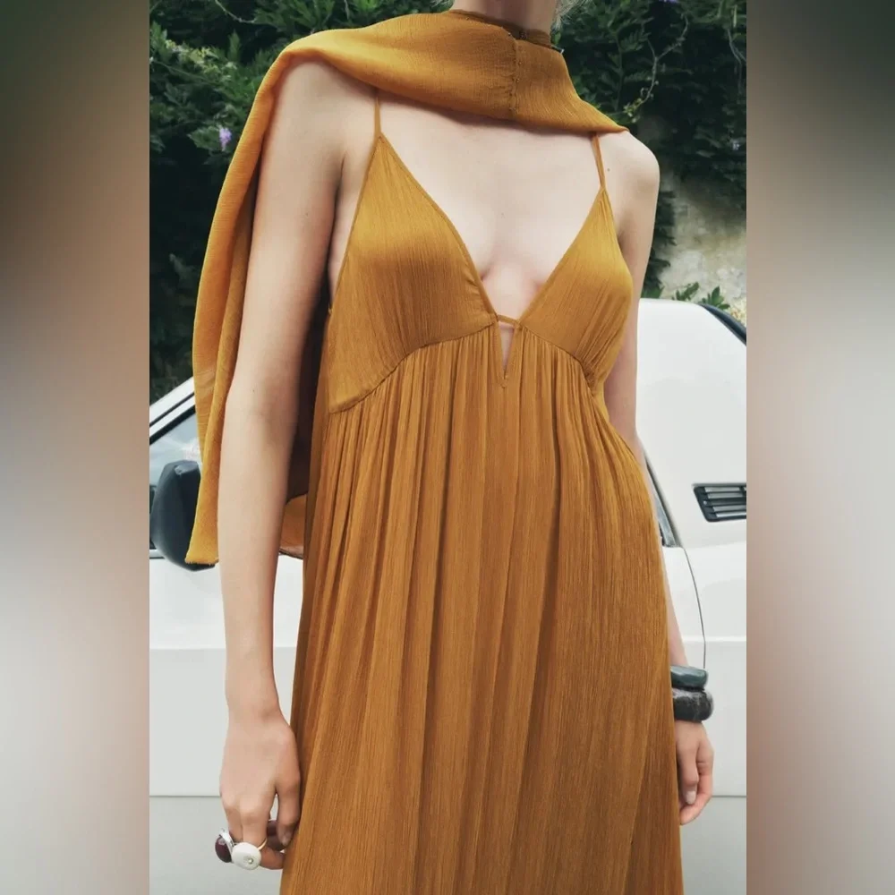 Zara dress maxi cape mustard yellow flowy kimono kaftan boho summer - Picture 10 of 11